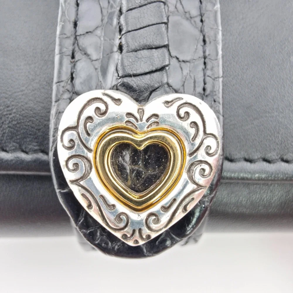 BRIGHTON Travel Jewelry Organizer Bag Roll Black Leather Heart Silver Gold Plate